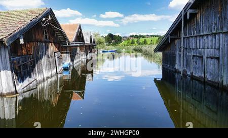 Bootshäuser am Staffelsee Stockfoto