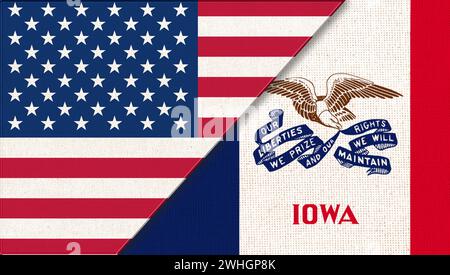 Die Flaggen der USA und Iowa. Politisches Konzept. Flaggen von Iowa und den Vereinigten staaten von Amerika. Amerikanische Natio Stockfoto