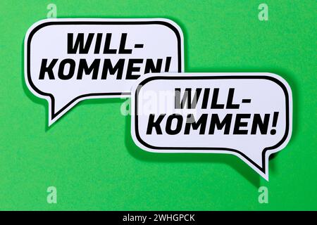 Willkommen Gastfreundschaft in Sprechblasen Kommunikation Konzept reden Stuttgart, Deutschland - 17. Januar 2024: Willkommen Gastfreundschaft in Sprechblasen Kommunikation Konzept reden in Stuttgart. *** Willkommen Gastfreundschaft in Sprechblasen Kommunikationskonzept Talking Stuttgart, Deutschland 17. Januar 2024 Willkommen Gastfreundschaft in Sprechblasen Kommunikationskonzept Talking in Stuttgart, Deutschland Stockfoto