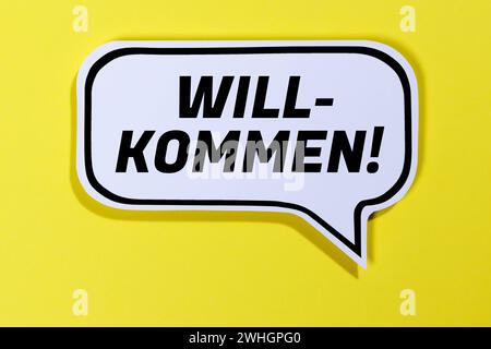 Willkommen Gastfreundschaft in Sprechblase Kommunikation Konzept reden Stuttgart, Deutschland - 17. Januar 2024: Willkommen Gastfreundschaft in Sprechblase Kommunikation Konzept reden in Stuttgart. *** Welcome Hospitality in Speech Bubble Communication Concept Talk Stuttgart, Deutschland 17. Januar 2024 Welcome Hospitality in Speech Bubble Communication Concept Talk in Stuttgart, Deutschland Stockfoto