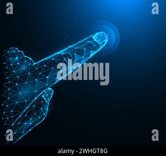 Polygonale Vektordarstellung eines Zeigefingers, der etwas berührt oder auf einen dunkelblauen Hintergrund zeigt. Stockfoto