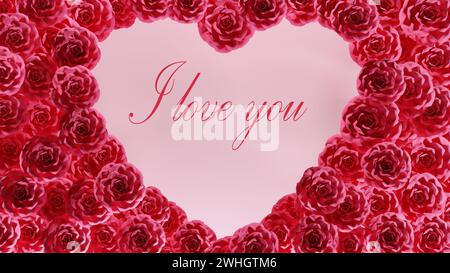 Ich liebe dich Text isoliert auf rosa Rosen Herz Rahmen 8K Illustration. Stockfoto