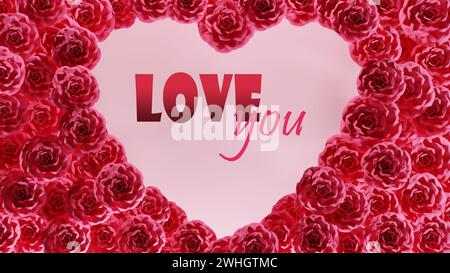 Love You Text isoliert auf rosa Rosen Herz Rahmen 8k Illustration. Stockfoto