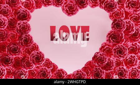 LOVE Text isoliert auf rosa Rosen Herz Rahmen 8k Illustration. Stockfoto