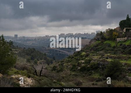 Ein stürmischer, bewölkter, trüber Wintertag über Jerusalem, Israel und den Judäa-Bergen. Mandel- und Kiefernbäume sowie landwirtschaftliche Terrassen bedecken den berg Stockfoto