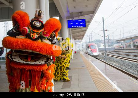 Indonesien. Februar 2024. Barongsai-Löwentanz wird während des chinesischen Neujahrsfestes im Hochgeschwindigkeitsbahnhof Padalarang in Bandung aufgeführt. PT Kereta Cepat Indonesia China hielt eine Löwentanz-Performance ab, um die Passagiere auf dem Jakarta Bandung Hochgeschwindigkeitsbahnhof zu unterhalten und das chinesische Neujahr des Drachen zu feiern. Quelle: SOPA Images Limited/Alamy Live News Stockfoto