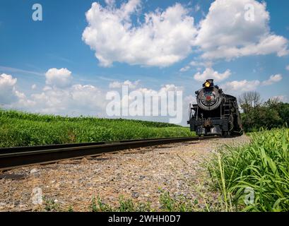 Niedriger Winkel einer Dampflokomotive, die sich auf einem eingleisigen Gleis nähert Stockfoto