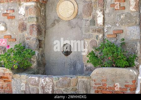 Alte Vintage Trinkbrunnen draußen mit großen Steinen und arabischen Buchstaben auf dem Wasserhahn. Grüne Pflanzen und Ziegel an den Rändern Stockfoto