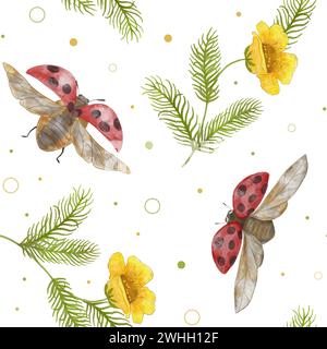 Marienkäfer und gelbe Blumen. Nahtloses Aquarellmuster mit Marienkäfer und gelben Blumen. Design für Textilien, Schreibwaren, Druck, Kinderbekleidung Stockfoto