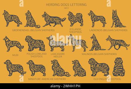 Der Hund züchtet Silhouetten mit Schriftzug, schlichtem Clipart. Hüterhunde, Schäferhunde, Schäfer-Sammlung. Vektorabbildung Stock Vektor