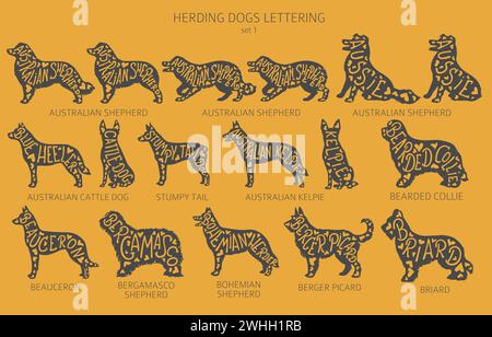 Der Hund züchtet Silhouetten mit Schriftzug, schlichtem Clipart. Hüterhunde, Schäferhunde, Schäfer-Sammlung. Vektorabbildung Stock Vektor