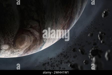 3D-Darstellung von Jupiter mit Asteroidenfeld. 5K realistische Science-Fiction-Kunst. Bildelemente, die von der NASA bereitgestellt werden Stockfoto