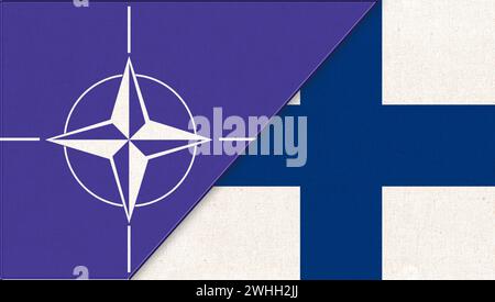 Finnland tritt der NATO bei. Flagge der finnischen und der NATO-Nordatlantikvertragsorganisation. Flagge Finnlands Stockfoto