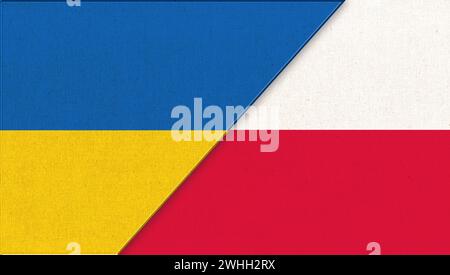 Flaggen der Ukraine und Polens – 3D-Illustration. Zwei Flags Zusammen. Nationale Symbole der Ukraine und P Stockfoto