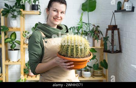 Großer echinocactus Gruzoni in den Händen einer Frau im Inneren eines Gewächshauses mit Regalsammlungen von Hauspflanzen Stockfoto