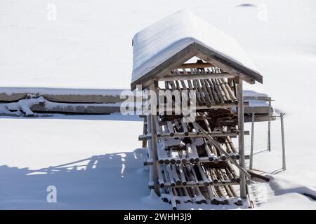 Ein kleiner Holzschuppen zur Aufbewahrung von Dingen ist mit Schnee bedeckt Stockfoto