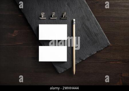 Visitenkarten, Bleistift, Clips Stockfoto