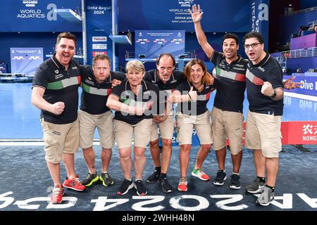 Doha, Katar. Februar 2024. Mitglieder des Teams Italien während der 21. Aquatic World Championships im Hamad Aquatic Center in Doha (Katar), 10. Februar 2024. Quelle: Insidefoto di andrea staccioli/Alamy Live News Stockfoto