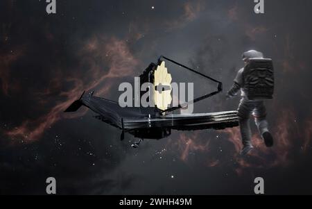 Astronauten untersuchen das James Webb-Teleskop. JWST Launch Art. Bildelemente der NASA Stockfoto