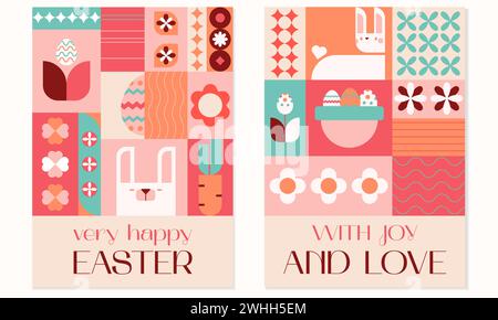 Frohe Ostern mit Freude und Liebe geometrisches quadratisches, helles, flaches Grußkartenset. Ostereier, Kaninchen, Korb, Eierjagd. Vektor Illustration EPS 10 Stock Vektor