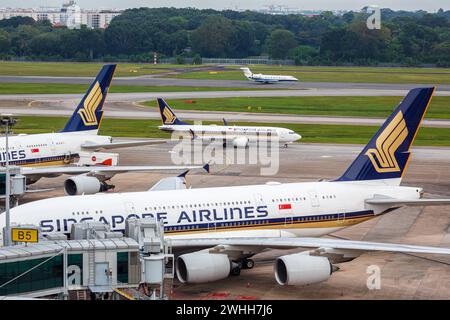 Changi, Singapur - 3. Februar 2023: Singapore Airlines Flugzeuge am Flughafen Changi (SIN) in Singapur. Stockfoto