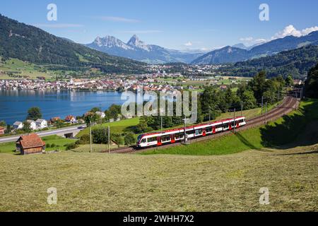 Arth, Schweiz - 10. August 2023: Eisenbahnpersonenzug des Typs Stadler Flirt der Schweizerischen Bundesbahnen SBB auf der Großen Mythe Stockfoto
