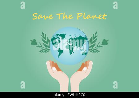 Happy Earth Day Vorlage. Erde und Hände. Umweltprobleme und Umweltschutzkonzept. Vektorabbildung. Stock Vektor