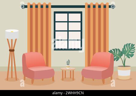 Inneneinrichtung eines Wohnzimmers mit Sofa, Vorhang, Stehlampe und Pflanzen. Wohnraum. Vektorabbildung. Stock Vektor