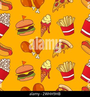Nahtloses Muster der Fast-Food-Elemente auf gelber Hintergrundvektorillustration. Leicht änderbare Vektorelemente. Stock Vektor