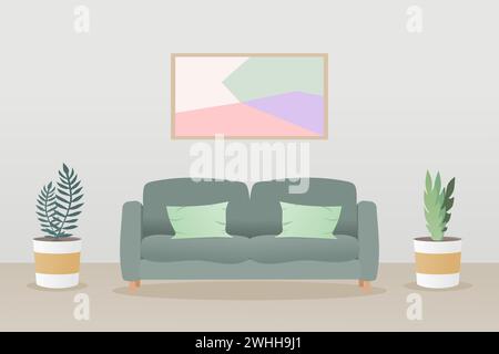 Inneneinrichtung eines Wohnzimmers mit Sofa, Malerei und Pflanzen. Wohnraum. Vektorabbildung. Stock Vektor