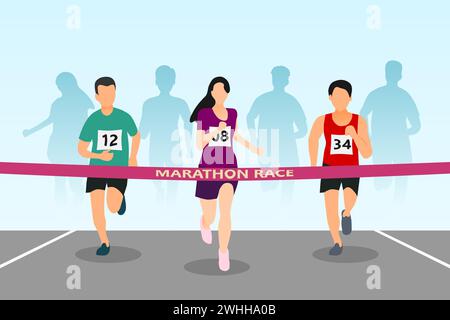 Illustration eines Marathon-Rennens mit Läufern und Ziellinie. Vorderansicht. Vektorabbildung. Stock Vektor