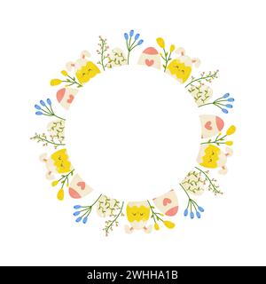Ostereier und Blumen, Rundrahmen, Ornament, Frühling. Auf isoliertem Hintergrund. Für Ihr Postkartendesign, Einladungen, Glückwünsche Stock Vektor