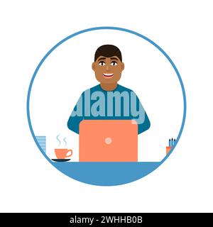Avatar eines jungen afroamerikanischen Mannes, der mit einem Laptop, einem Vollzeit-Büroangestellten oder Freiberufler arbeitet. Professionelle Vektordarstellung des Mannes Stockfoto