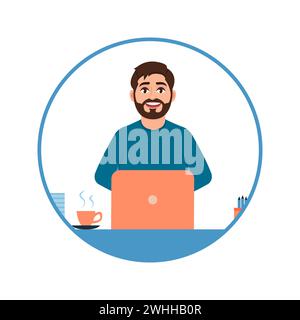 Avatar eines jungen bärtigen Mannes, der mit einem Laptop, einem Vollzeit-Büroangestellten oder einem Freiberufler arbeitet. Professionelle Vektordarstellung des Mannes Stockfoto