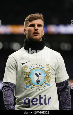 London, Großbritannien. Februar 2024. Timo Werner von Tottenham Hotspur wärmte sich am 10. Februar 2024 während des Premier League-Spiels zwischen Tottenham Hotspur und Brighton und Hove Albion im Tottenham Hotspur Stadium in London auf. Foto von Ken Sparks. Nur redaktionelle Verwendung, Lizenz für kommerzielle Nutzung erforderlich. Keine Verwendung bei Wetten, Spielen oder Publikationen eines einzelnen Clubs/einer Liga/eines Spielers. Quelle: UK Sports Pics Ltd/Alamy Live News Stockfoto