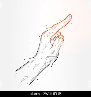 Darstellung des polygonalen Vektors, isoliert auf weißem Hintergrund, mit dem Finger zeigen oder berühren. Handgesten abstrakte Kunst Stockfoto