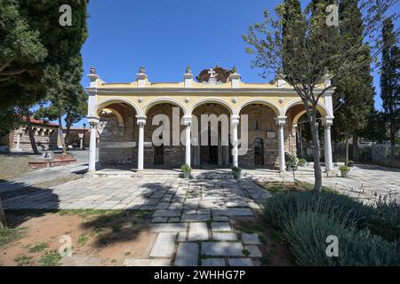 Kloster Vlatades, historischer byzantinischer Tempel in der Oberstadt Thessaloniki, Griechenland, seit 1988 UNESCO-Weltkulturerbe, Stockfoto