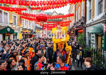 London, Großbritannien. Februar 2024. Löwentänzer besuchen Geschäfte und Restaurants in Chinatown, London, um ihnen Glück für das neue Jahr zu bringen. 2024 ist das Jahr des Drachen. Guy Bell/Alamy Live News Stockfoto