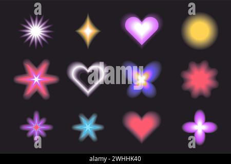 Aura Y2K verschwommenes Gragient setzt unfokussierte Formen, abstrakte geometrische Formen, Stern, Herz, Blume im trendigen Retro-Stil. Futuristische Kollektion. Vektorabbildung Stock Vektor
