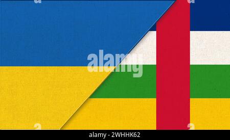 Flagge der Ukraine und der Zentralafrikanischen Republik – 3D-Abbildung. Nationale Symbole der Ukraine und des Zentrums Stockfoto