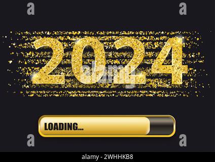 Goldenes Konfetti mit dem Text 2024 und dem Ladefortschrittsbalken. EPS 10-Vektordatei. Stockfoto