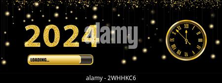 Schwarzes Banner mit goldener Uhr und Text 2024. EPS 10-Vektordatei. Stockfoto