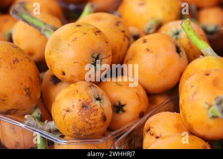 Orangenloquat-Früchte (Eriobotrya japonica) zum Verkauf auf einem Markt, Vollrahmen, ausgewählter Fokus, enge Tiefe des Feldes Stockfoto