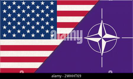 Flagge der USA und der NATO (Nordatlantikvertragsorganisation). Amerikanische und NATO-Flaggen auf Stoff Su Stockfoto