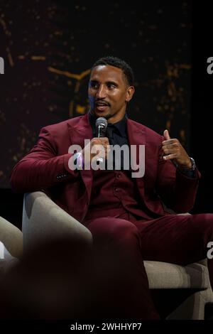 Las Vegas, USA. Februar 2024. Super Bowl LVIII, Podiumsdiskussion der National Football League. Der deutsche NFL-Pro Jakob Johnson nimmt an einer NFL-Podiumsdiskussion über internationale Spieler Teil. Quelle: Maximilian Haupt/dpa/Alamy Live News Stockfoto