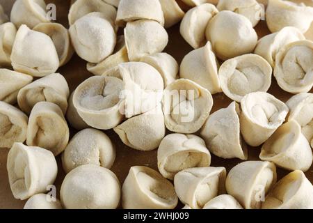 Handwerkliche Klöße und Ravioli, selektiver Fokus Stockfoto