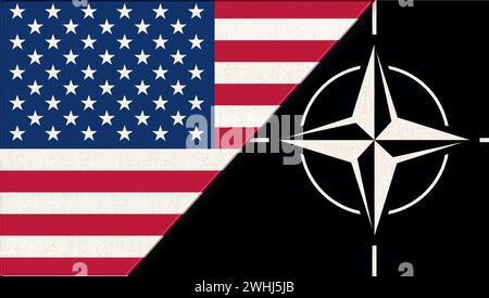 Flagge der USA und der NATO (Nordatlantikvertragsorganisation). Amerikanische und NATO-Flaggen auf Stoff Su Stockfoto