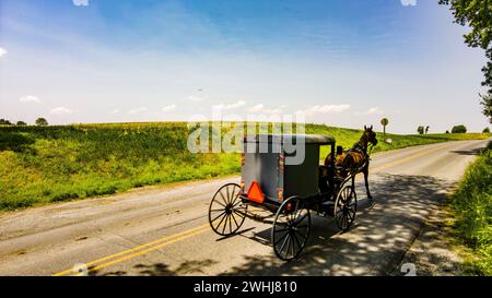 Blick auf ein Amish-Pferd und Buggy, das auf einer Landstraße durch Farmland fährt Stockfoto