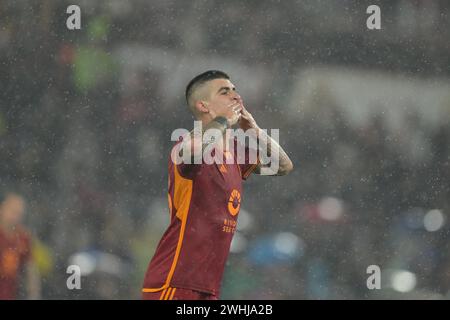 Roma, Italien. Februar 2024. Foto Alfredo Falcone/LaPresse 10 Febbraio 2024 - Roma, Italia - Sport, calcio - Roma vs Inter - Campionato italiano di calcio Serie A TIM 2023/2024 - Stadio Olimpico di Roma. Nella foto: Gianluca Mancini Tor (23 AS Roma) Foto Alfredo Falcone/LaPresse 10. Februar 2024 Rom, Italien - Sport, Fußball - Roma vs Inter - italienische Fußballmeisterschaft der Serie A 2023/2024 - Olympisches Stadion und Rom. Auf dem Bild: Gianluca Mancini (23 AS Roma) Credit: LaPresse/Alamy Live News Stockfoto