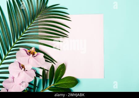 Natürliches Creativec-Layout aus tropischen Blättern und Blumen Stockfoto